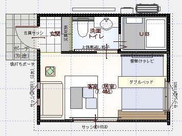Wing ホテル仕様の平面図(UB・洗面トイレ・客室7.4帖)